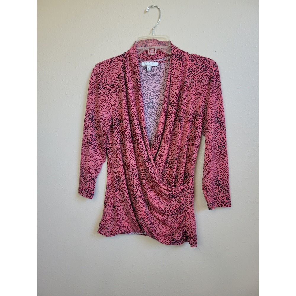 Chaus New York Women's Pink & Black Animal Print Blouse Career Top Sz M